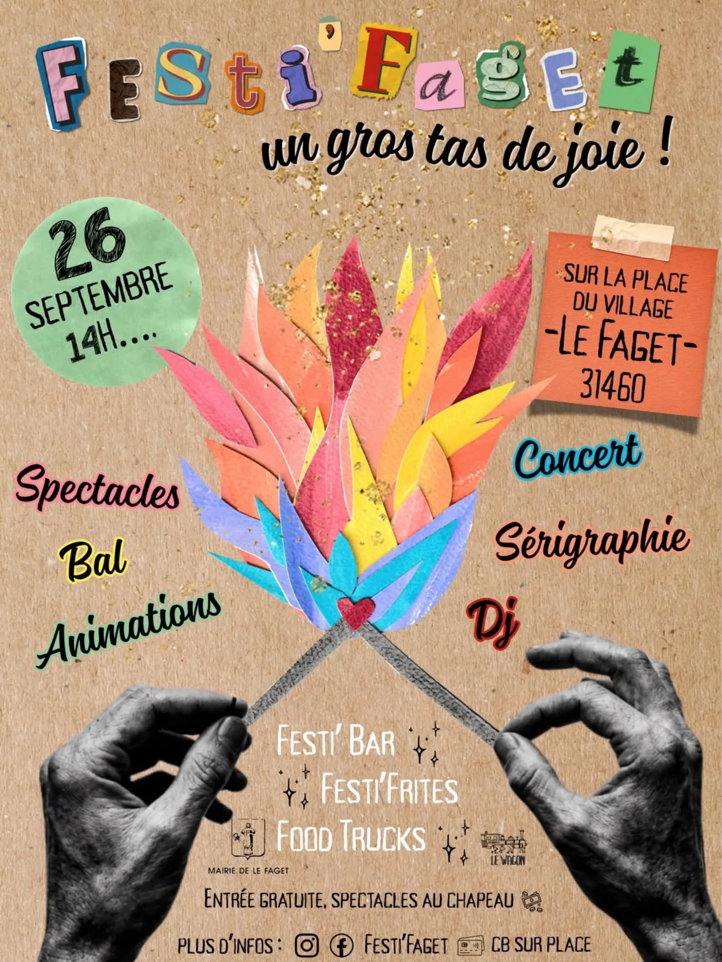 Affiche officielle du Festi'Faget 2026 — spectacles, bal, concert, DJ, sérigraphie, food trucks — 26 septembre 2026 à partir de 14h sur la place du village du Faget (31460)